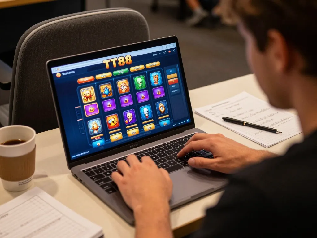 Engaging in TT88 online casino gameplay on a laptop while analyzing strategy notes.