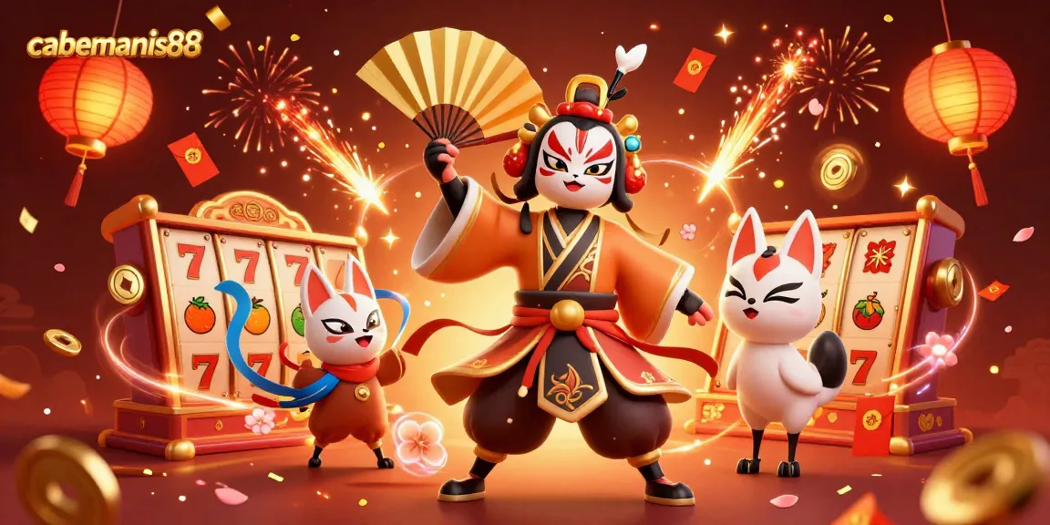 Experience the excitement of cabemanis88 with a vibrant 3D casino scene featuring lucky symbols and festive elements.