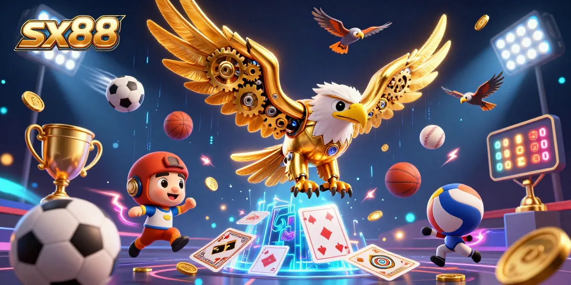 SX88 players dive through thrilling holographic games with a golden eagle amidst sports and casino elements.