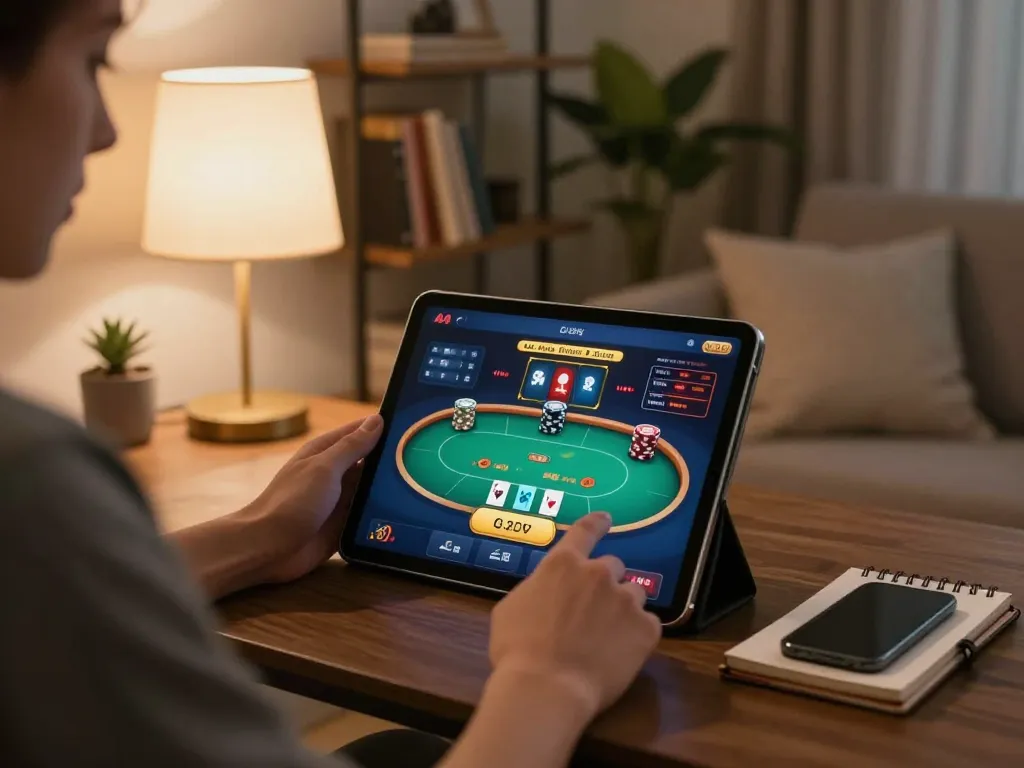 Player engaging with 888b online casino app while strategizing on a tablet in a cozy home setting.