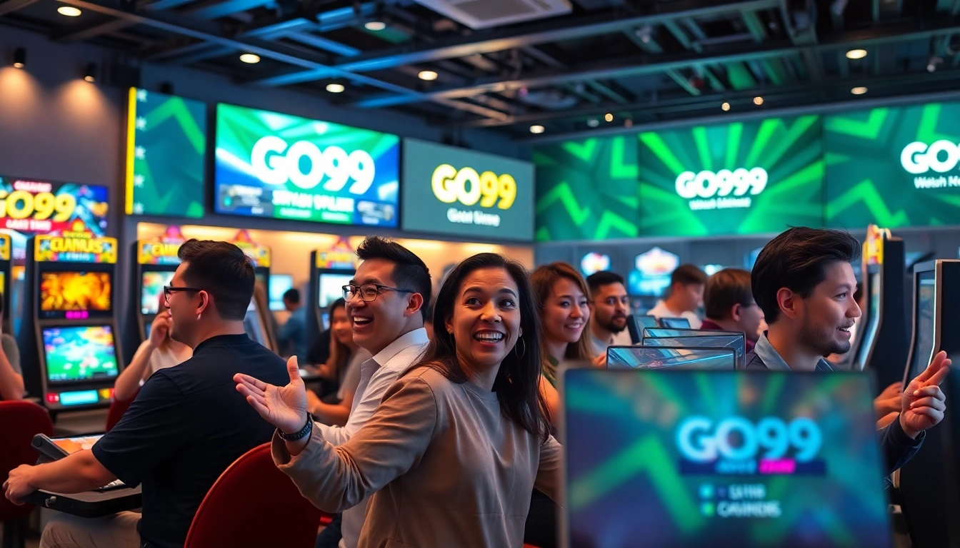 Exciting scene of players enjoying GO99's diverse gaming experience in a modern lounge.