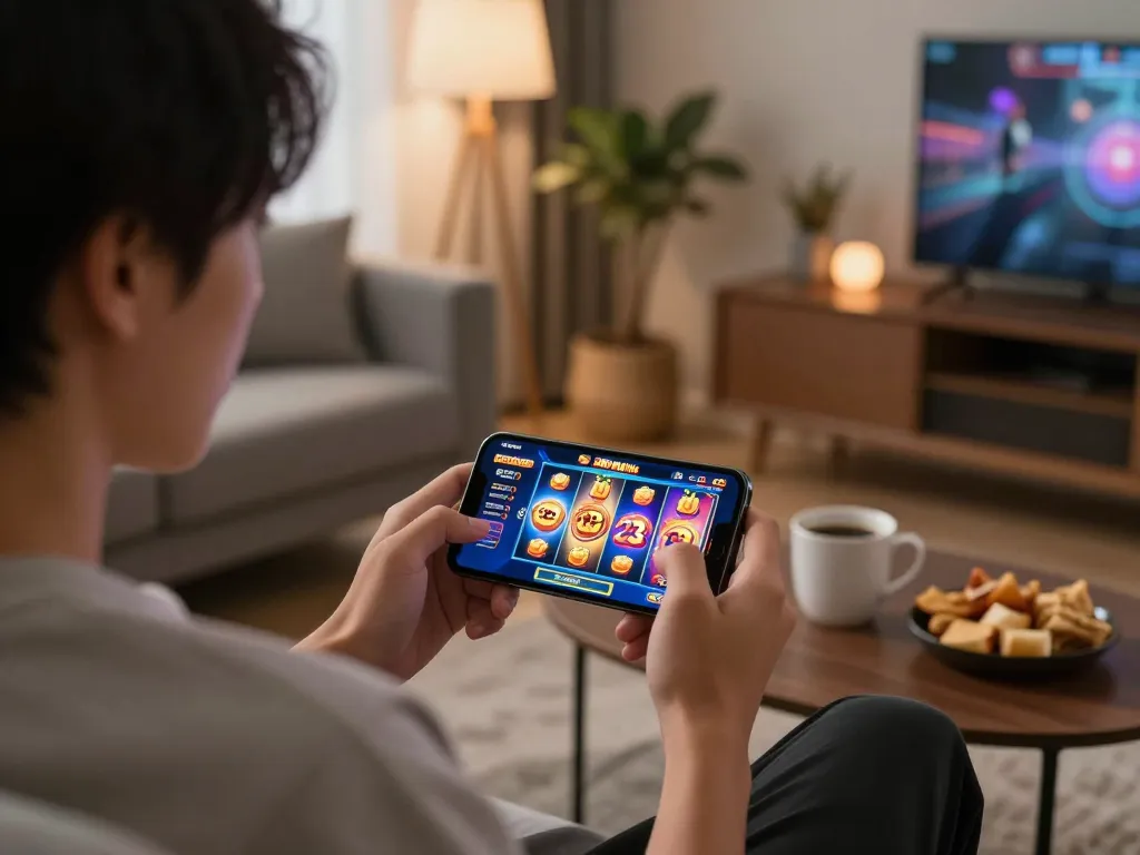 Exciting game play on nhà cái 23win mobile platform, featuring vibrant slot game interface and focused player.