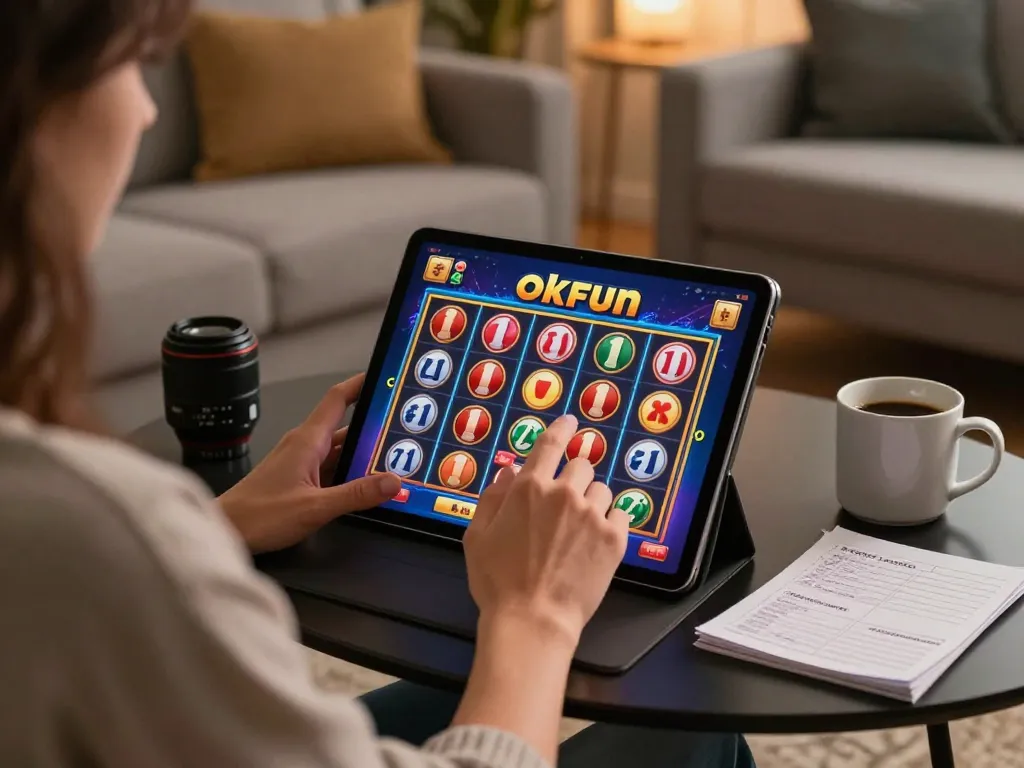 Engaging in exciting okfun games through a tablet in a cozy home environment.