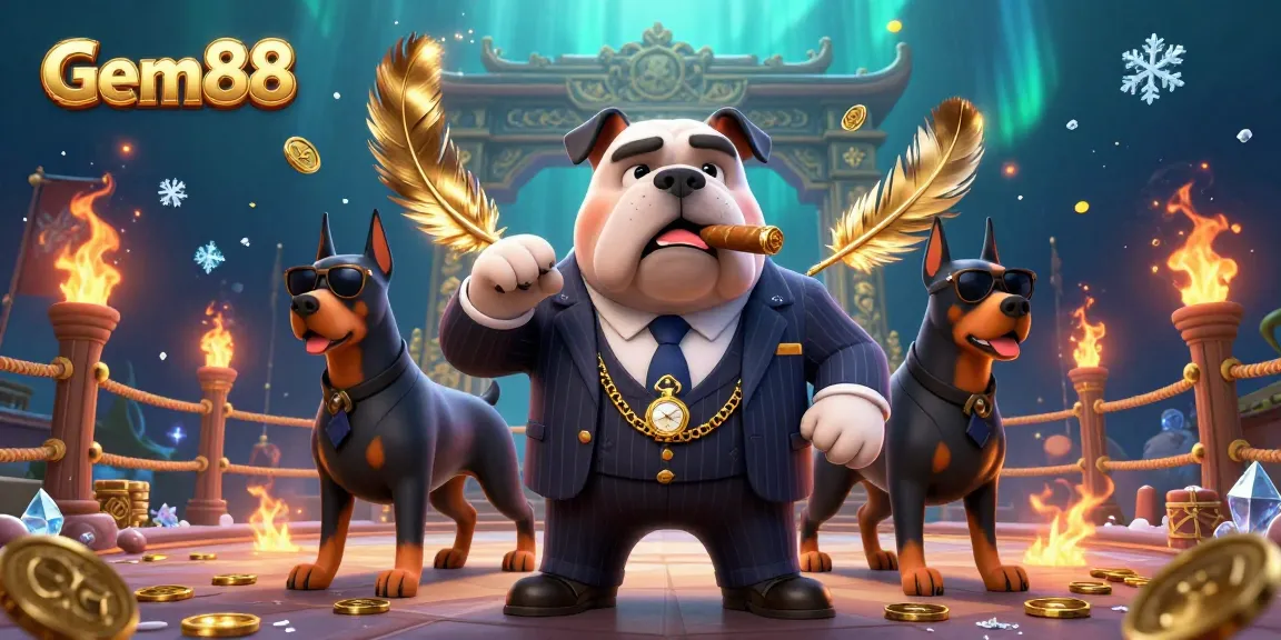 Engage with Gem88’s thrilling atmosphere featuring a bulldog and Dobermans amid casino elements.