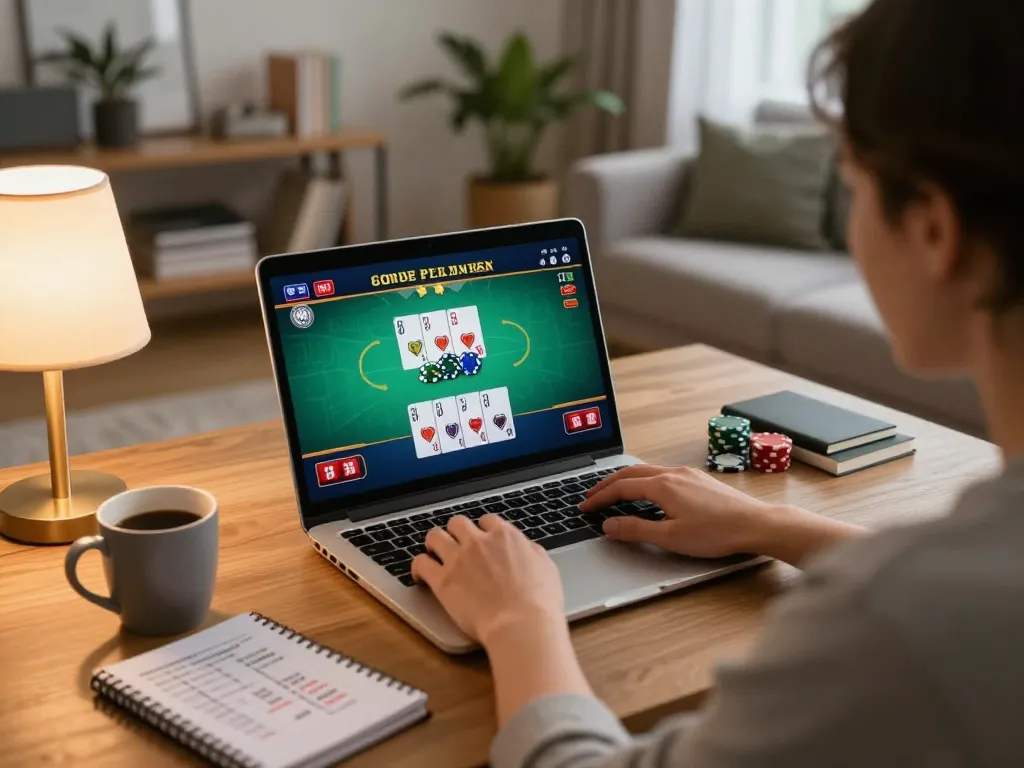 Engaging online poker gameplay with nhà cái Net88, showcasing cozy home setup and strategy notes.