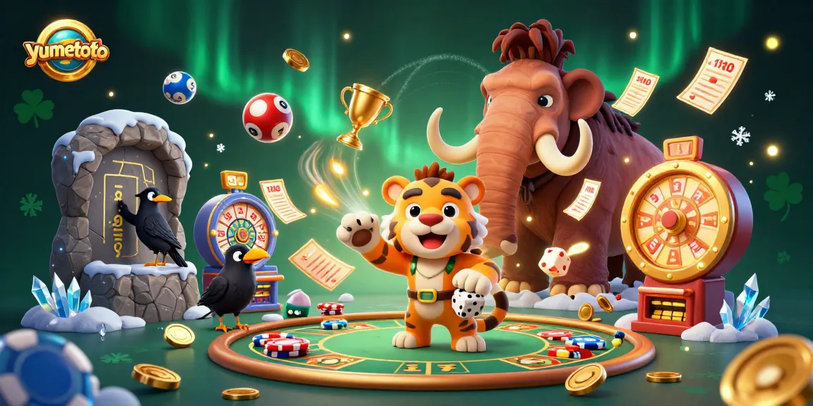Win exciting lottery prizes at yumetoto with dynamic 3D cartoon characters enjoying their prehistoric casino adventure.