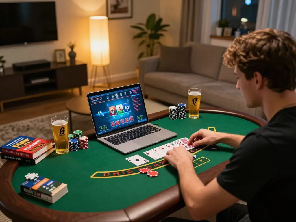 F168 nhà cái player enjoying online blackjack, showcasing strategic gameplay in a cozy home setup