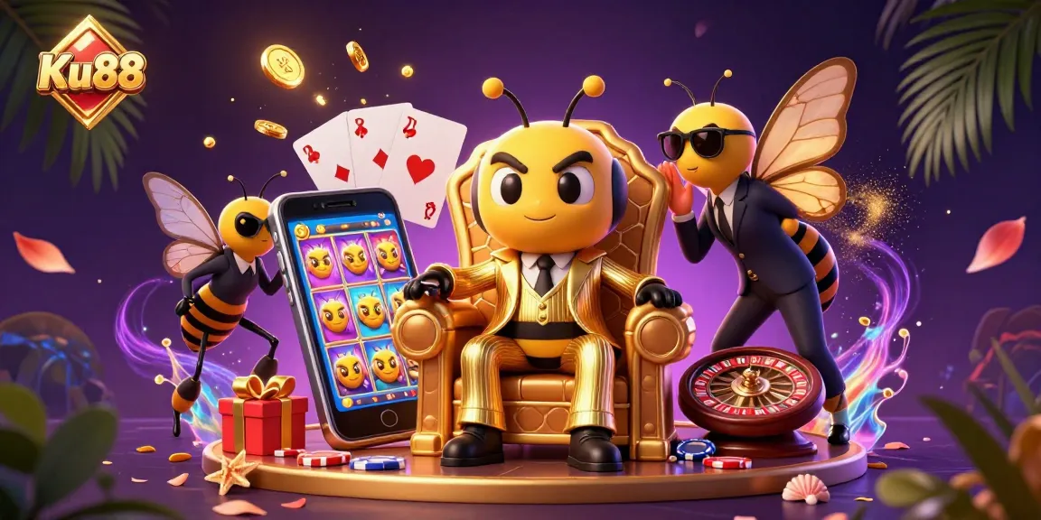 Experience exciting slots at Ku88 with a bumblebee mob boss in a vibrant casino scene.