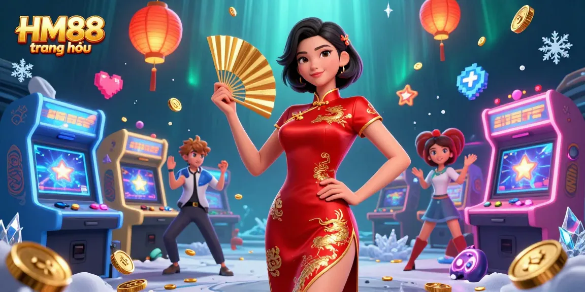 Experience the excitement of HM88 trang chủ with a vibrant casino illustration featuring a confident Asian woman, golden coins, and game machines.