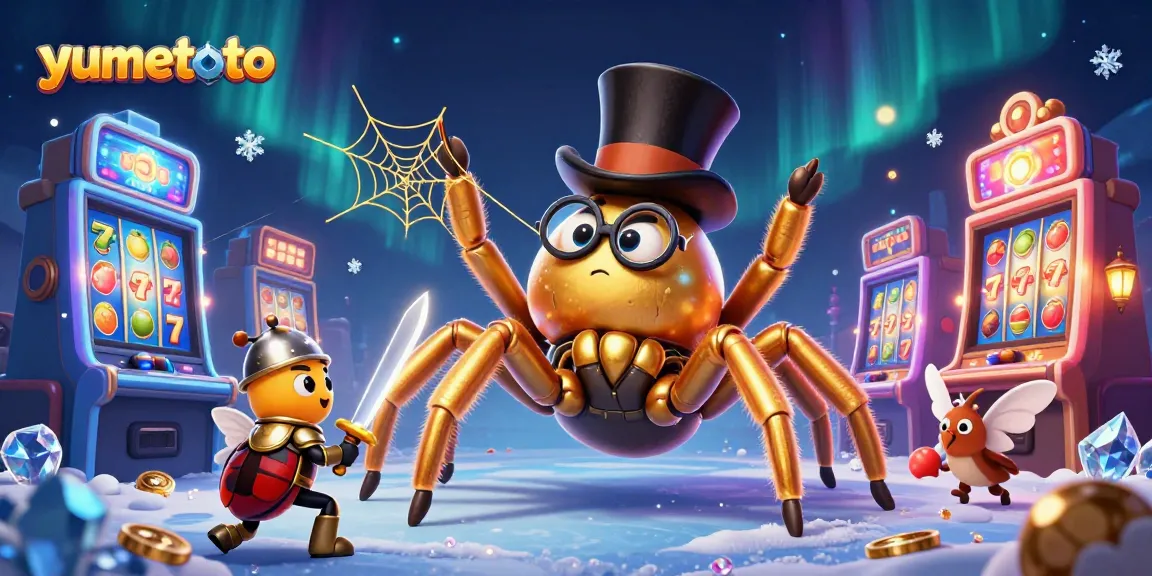 Experience thrilling gameplay with yumetoto, as a golden tarantula weaves fortune in a vibrant casino scene.