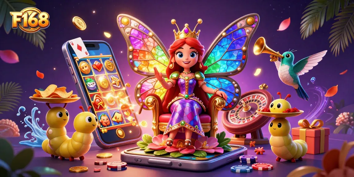 Win big with F168 as a colorful butterfly queen presides over a vibrant casino scene.