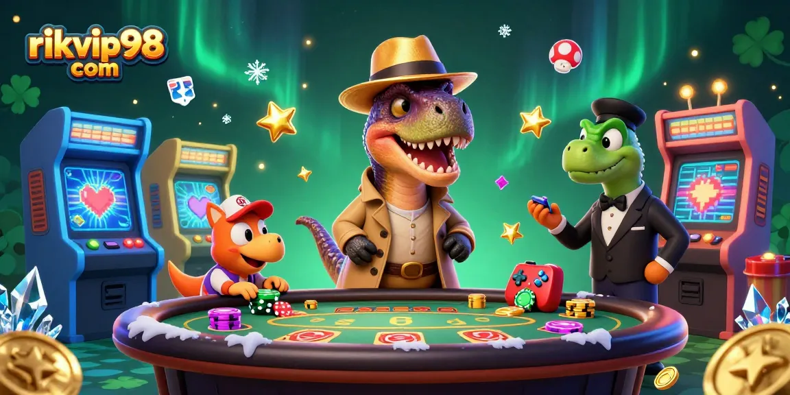 Exciting game scene with rikvip98 com featuring a velociraptor card counter, stegosaurus pit boss, and colorful arcade elements.