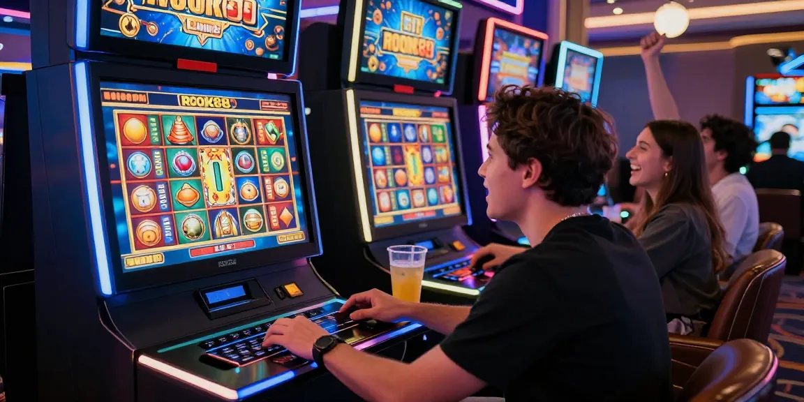 Player engaging with rokok88 slot machine in a lively online casino atmosphere with friends cheering