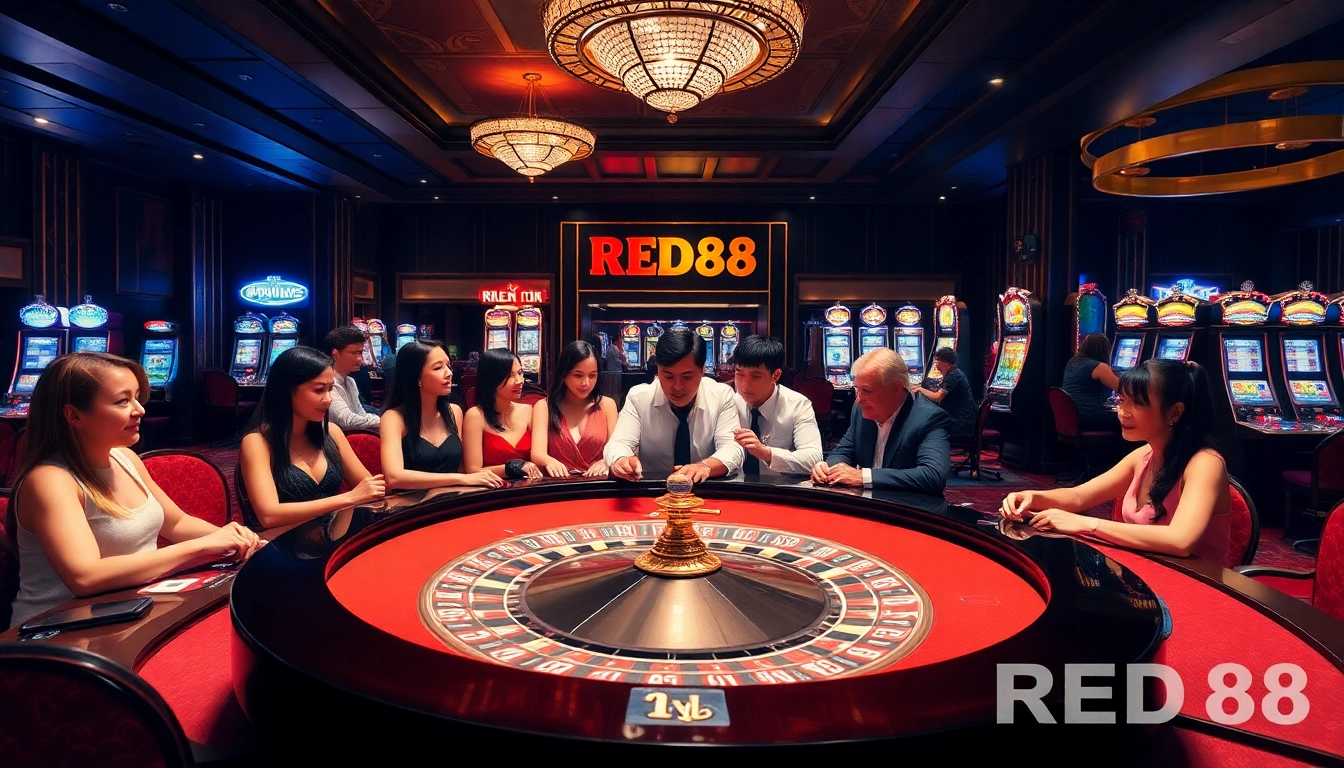 Engaged players at a vibrant casino scene with RED88 branding, showcasing poker chips and roulette tables.