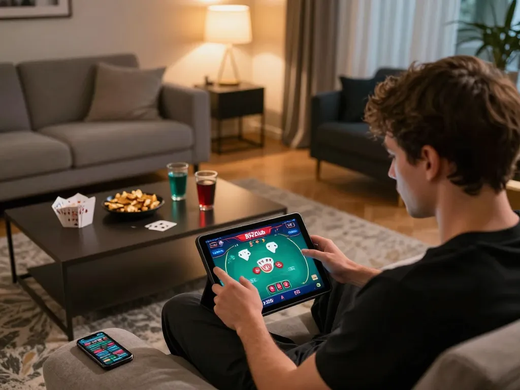 B52club player enjoying online poker on tablet in stylish home setting.