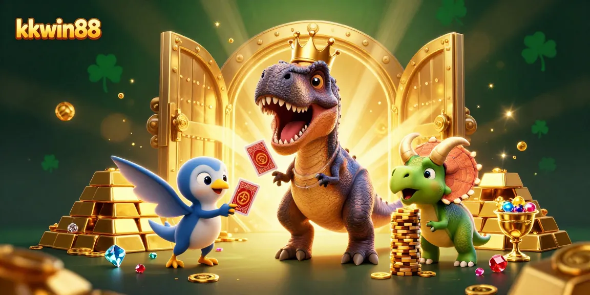 Experience the vibrant action at kkwin88 with a T-Rex shuffling cards amid a treasure-filled casino.