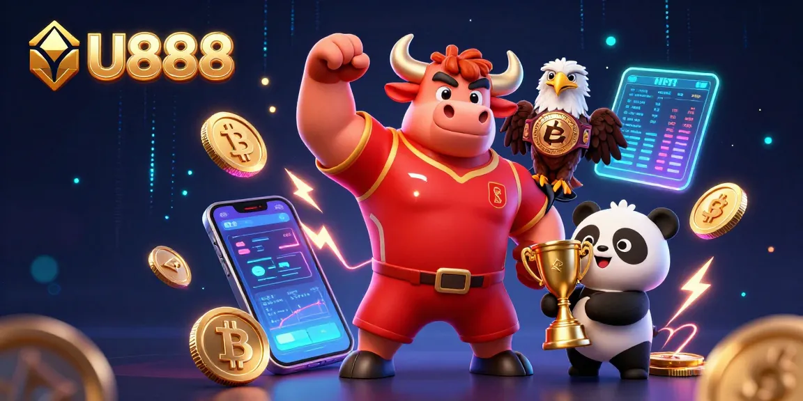 Experience thrilling wins at U888 with a dynamic scene featuring a victorious bull, eagle, and panda in a vibrant casino atmosphere.