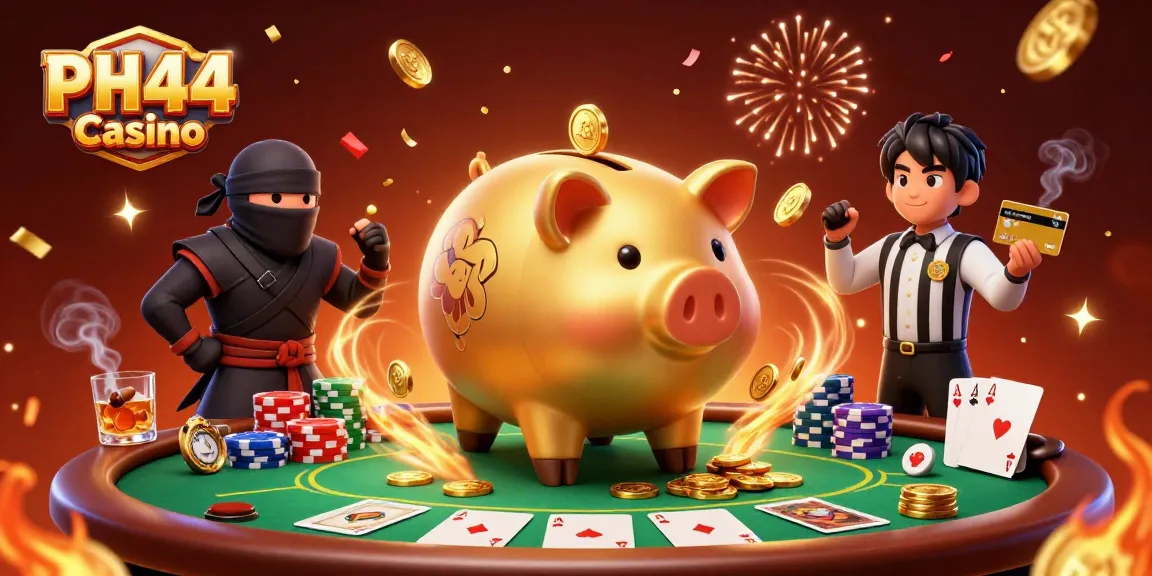 Engage with the vibrant PH44 Casino, featuring a dramatic showdown between a golden piggy bank sumo and opponents amid thrilling poker elements.