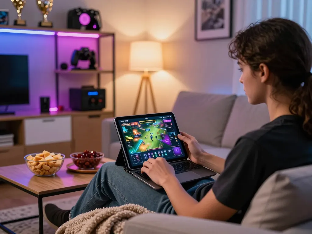 Engaged player enjoying https://rikviprent.com on a modern tablet in a cozy living room.