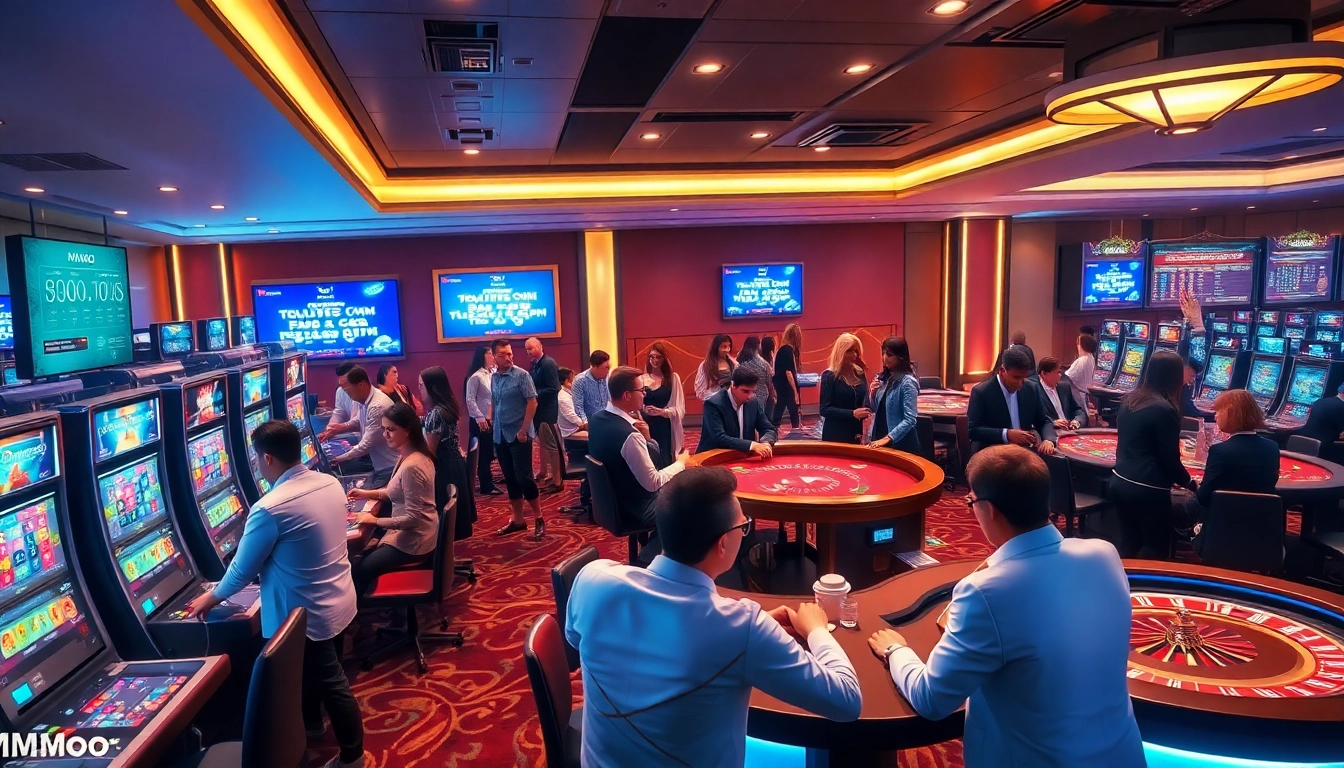 Exciting gaming scene at MMOO online casino, showcasing vibrant slots and professional dealers.