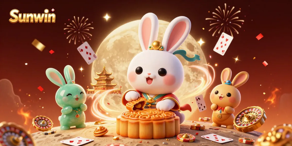 Sunwin celebrates casino gaming with a vibrant scene of a moon rabbit and poker elements illustrating excitement and winning.