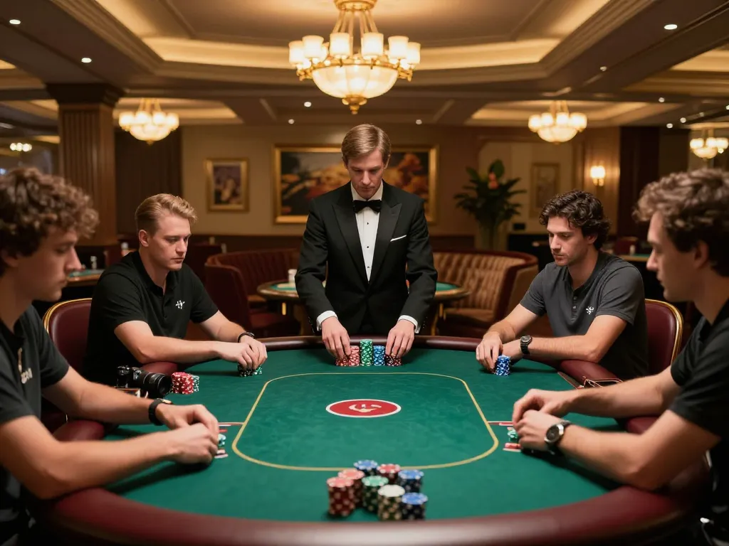 Players in an upscale poker room strategizing their bets with CM888 chips in hand, showcasing an intense gaming moment.