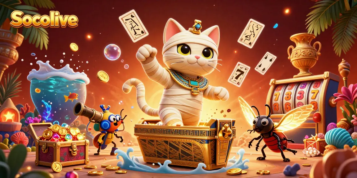 Socolive offers an exciting gaming experience with a captivating mummy cat and golden wings in a lively casino.