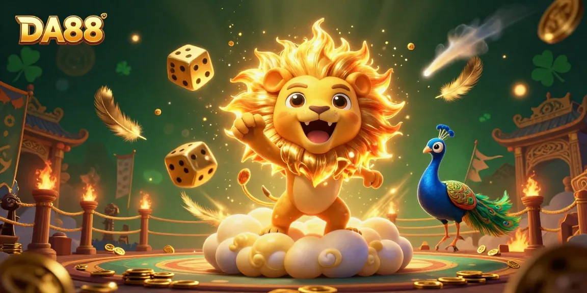 Experience excitement at DA88, where a roaring lion and golden dice create a thrilling casino scene.