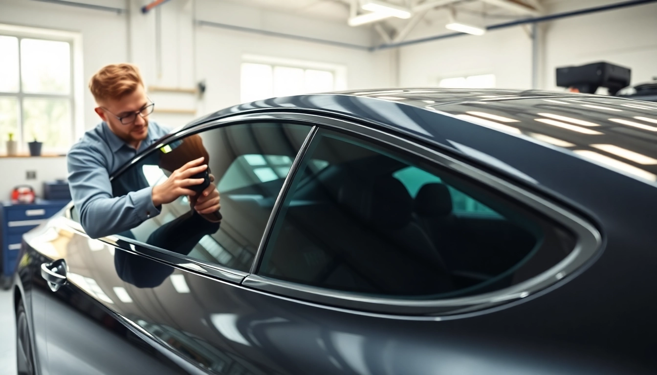 Installing ceramic window tint on a vehicle at a professional workshop.
