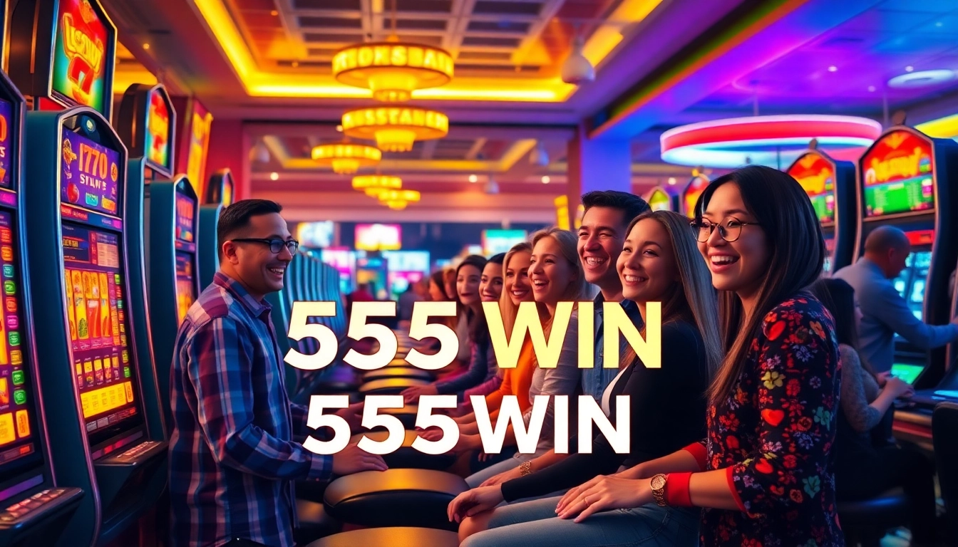 Exciting casino scene showcasing a vibrant atmosphere of 555win with diverse players celebrating wins.