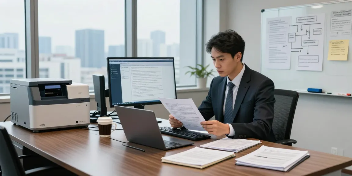 Document fraud detection analysis scene with professional examining digital documents