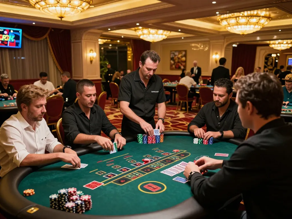Experience the strategic excitement of Five88 on a lavish casino floor with engaged players and dynamic gameplay.