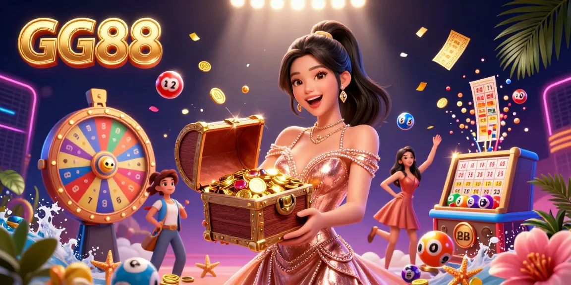 Experience thrilling games at GG88 with vibrant lottery elements and a treasure chest overflowing with riches.