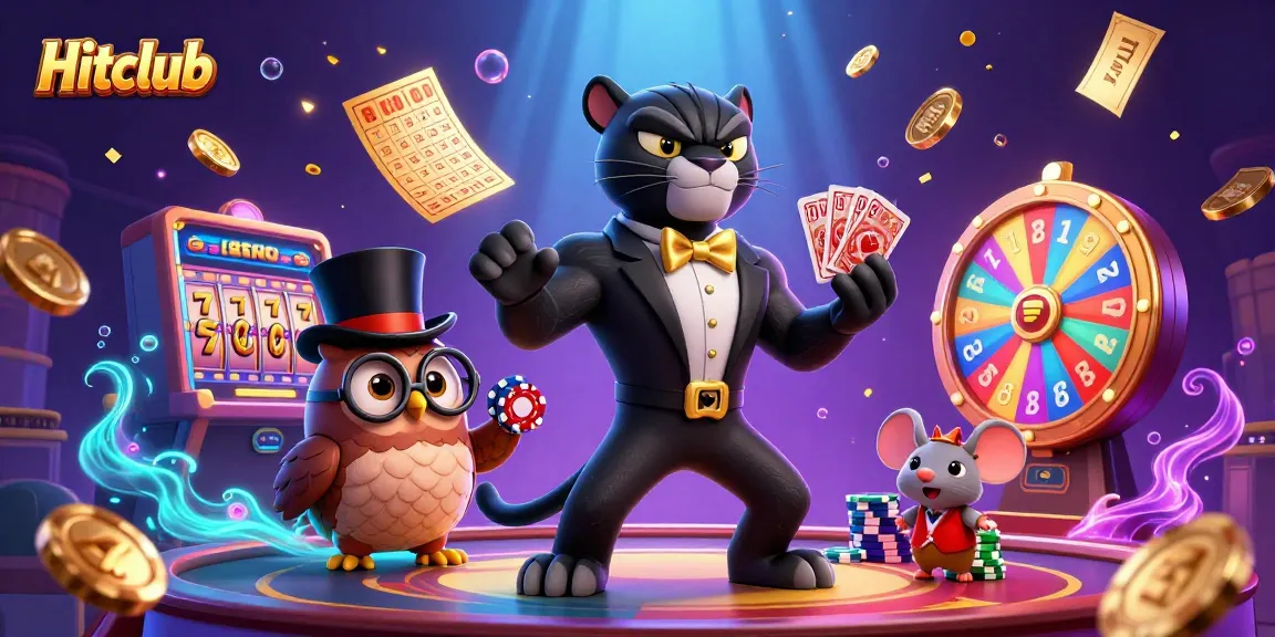 Hitclub dealers engaging players with cards and vibrant casino elements in an animated illustration.