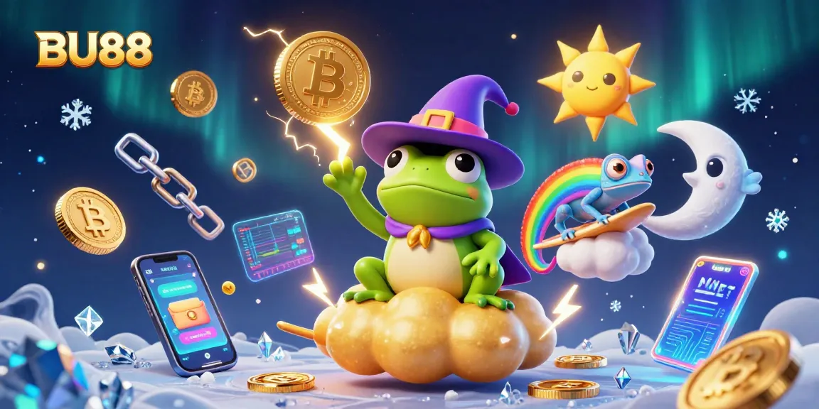 Play BU88 in an electrifying 3D scene with wizard frog and rainbow chameleon surrounded by crypto coins.