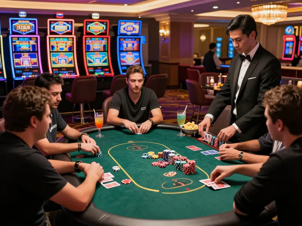 Exciting TT88 gambling scene with players at a vibrant poker table in a luxurious casino environment.