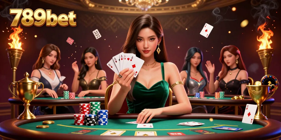 Play poker and win big at 789bet with a stunning Asian beauty at a luxury table.
