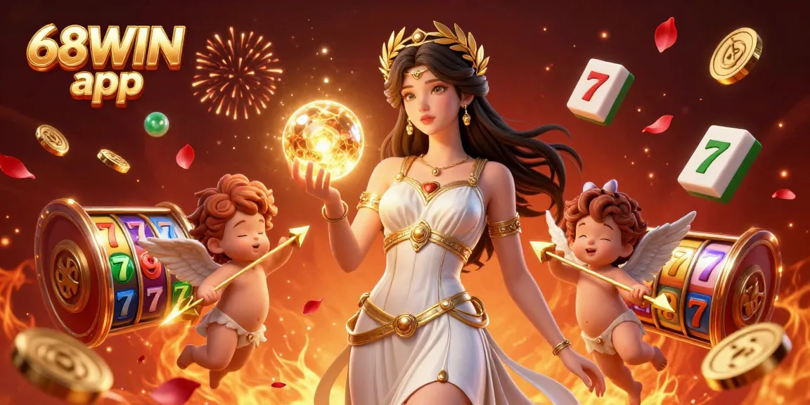 Experience thrilling wins with the 68WIN app, showcasing dynamic slots and festive casino elements.