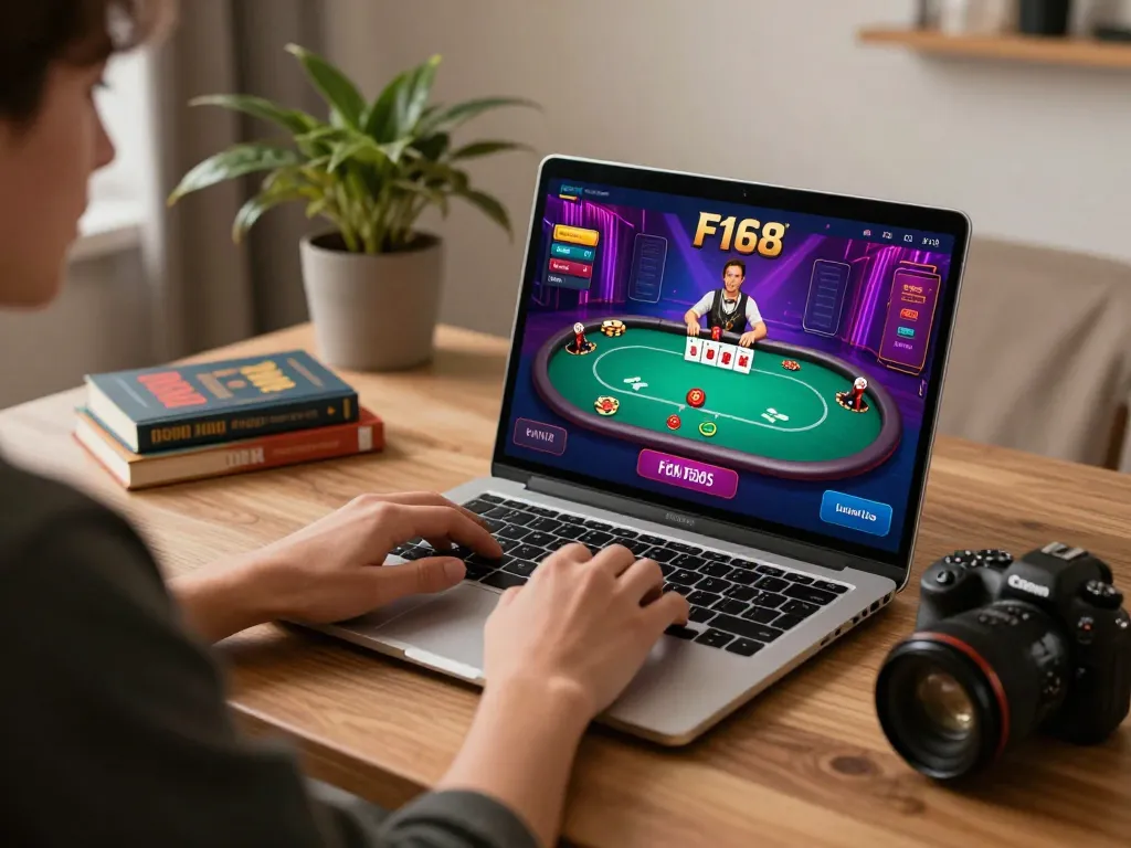Player enjoying online poker at F168, showcasing a vibrant home gaming setup.