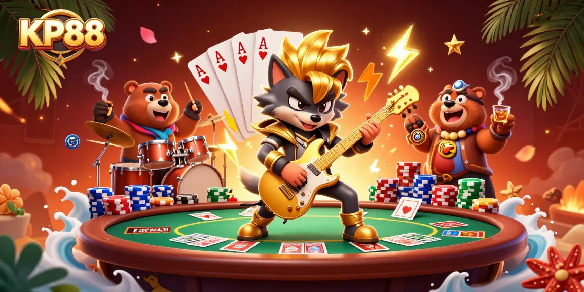 Experience KP88 with a dynamic casino scene featuring energetic characters and rich gambling elements.