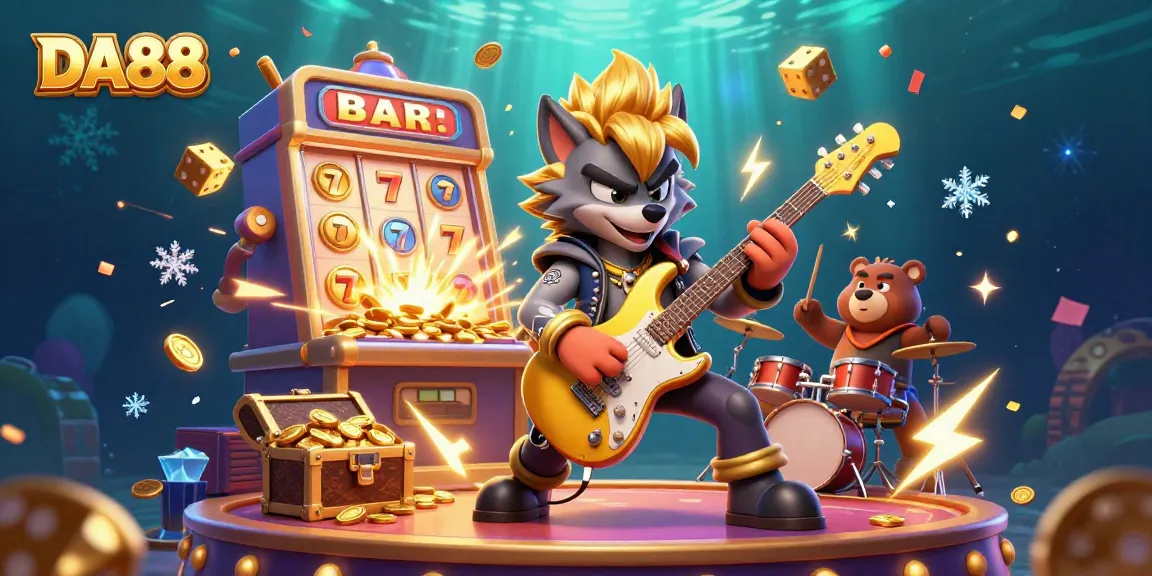 Experience the DA88 game vibe with a lively casino illustration featuring an electrifying wolf and bear.