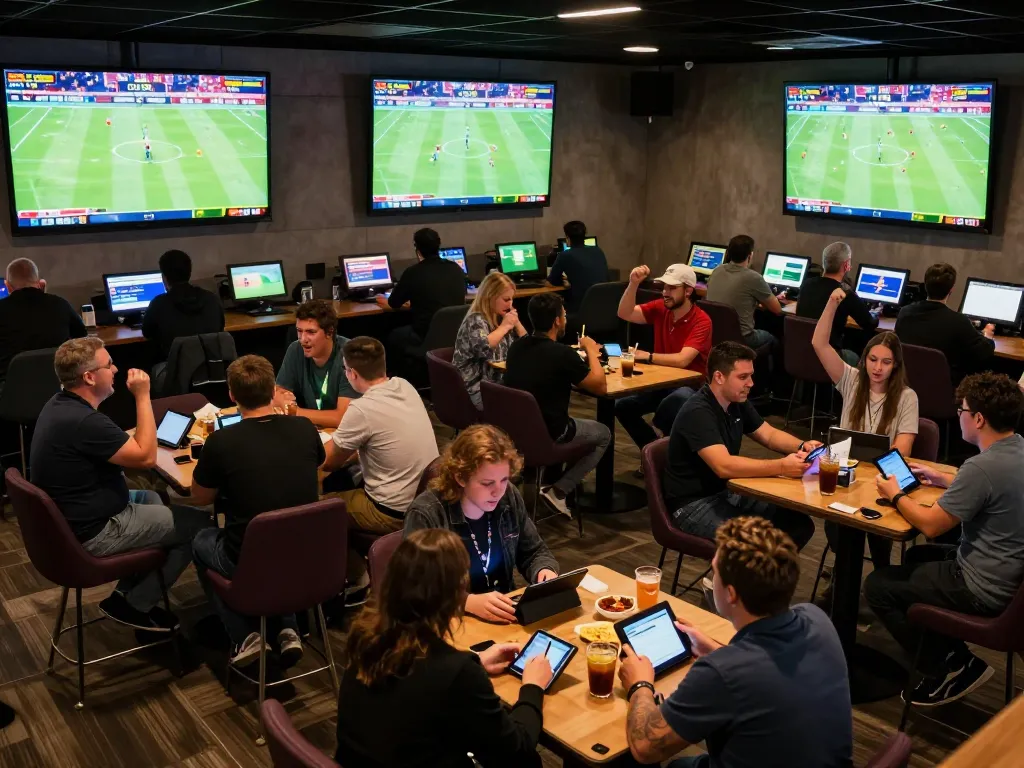 Bsport users enjoying live sports betting in a vibrant lounge with screens and social interaction.