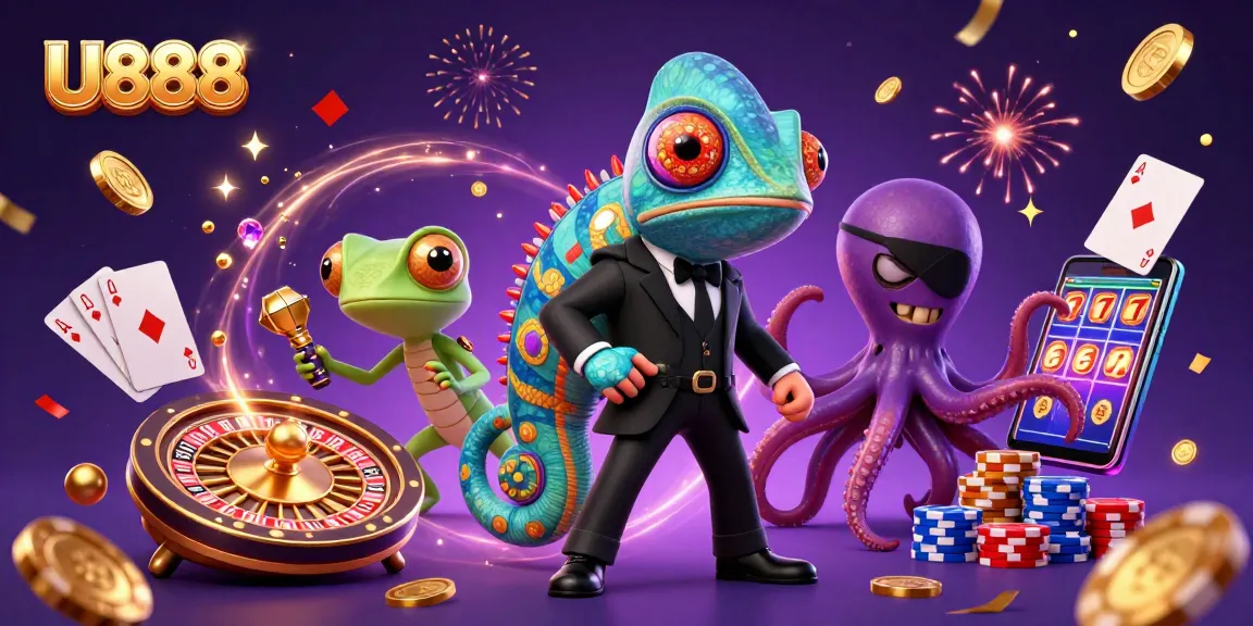 U888 players enjoy thrilling slots and games amidst a vibrant 3D casino scene filled with excitement.