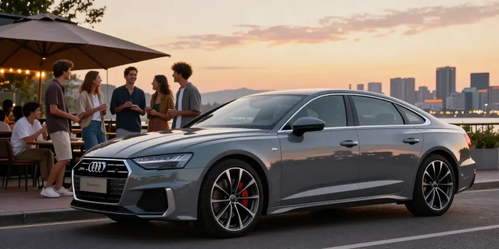 Noleggio lungo termine Audi in città, vettura elegante con amici felici in un ambiente urbano.