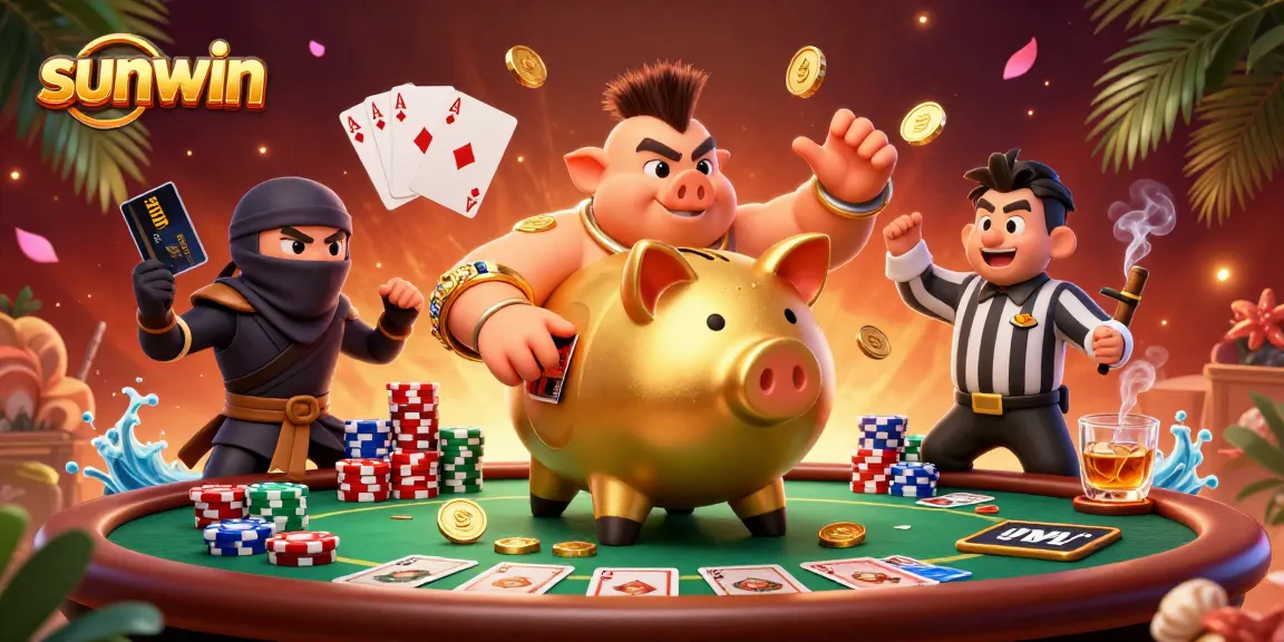 Experience the excitement of Sunwin with a golden piggy bank sumo wrestler and vibrant poker elements.