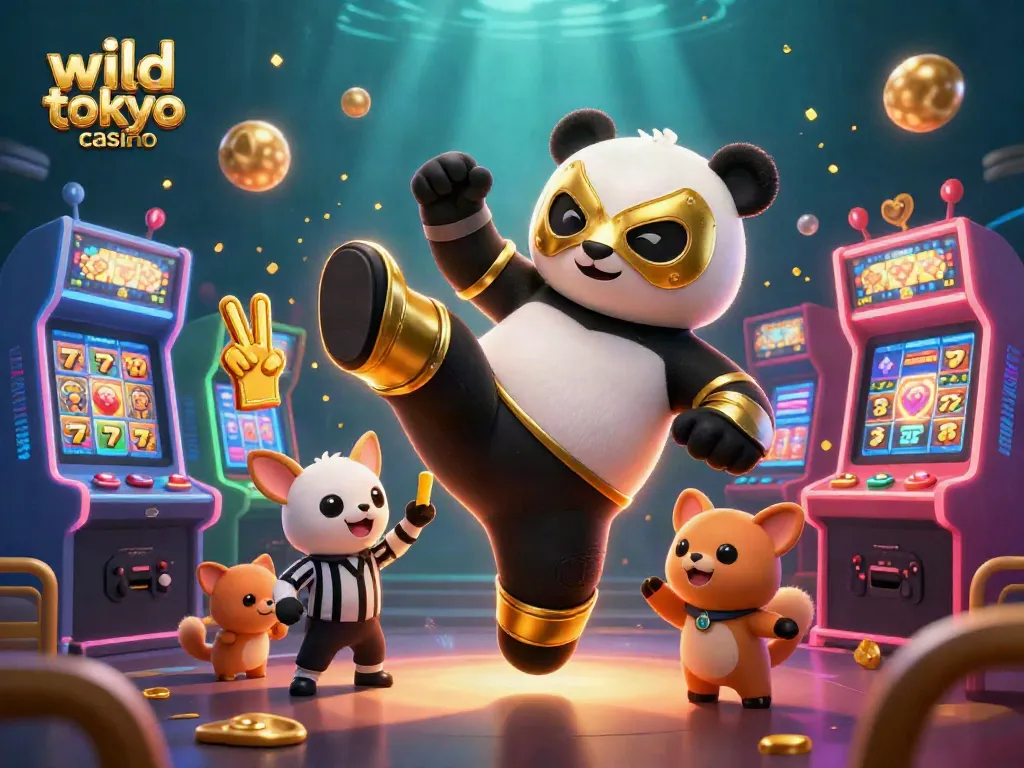 Experience excitement at wild tokyo casino with a panda wrestler, jubilant fans, and vibrant slot elements.