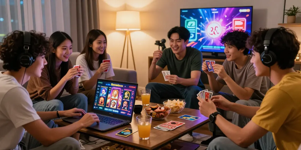 Friends enjoying Sun win online gaming with snacks and drinks in a cozy atmosphere.