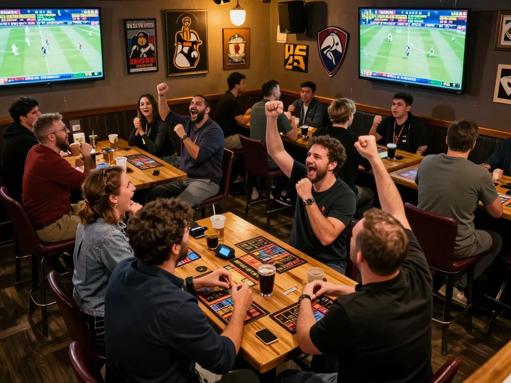 Engaged sports fans placing debet wagers while watching live games at a vibrant sports bar.