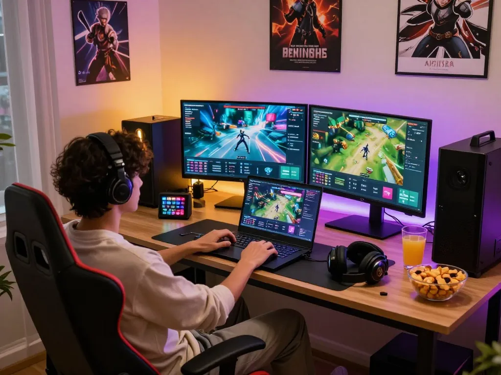 Engaging online gaming setup at https://rikviprent.com with vibrant screens and ambient lighting.