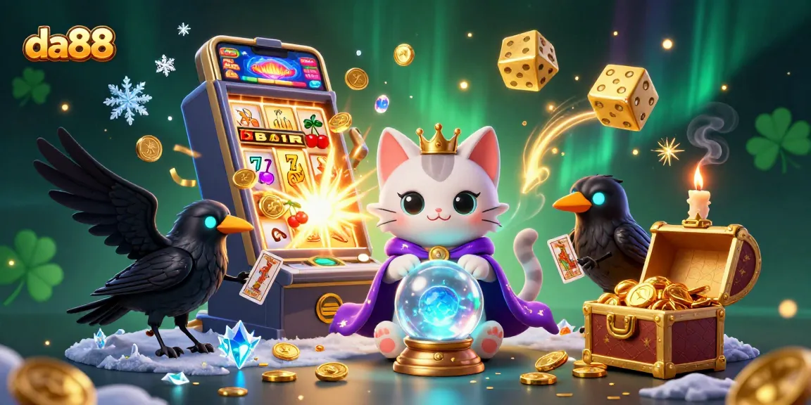 Engaging scene showcasing da88's mystic fortune teller cat, slot machines, and vibrant casino action.